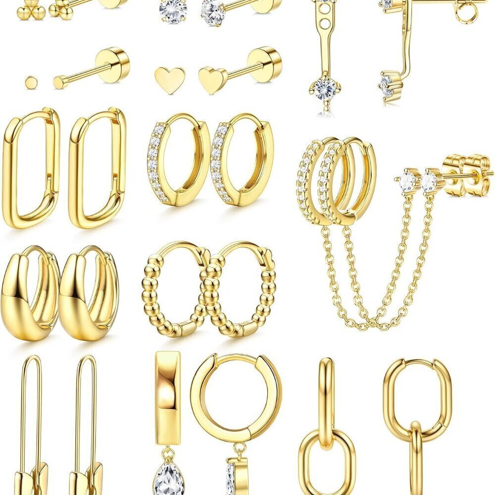 13Pairs Gold Earrings Stack Dainty Hoop Flat Back Stud Jewelry for Women